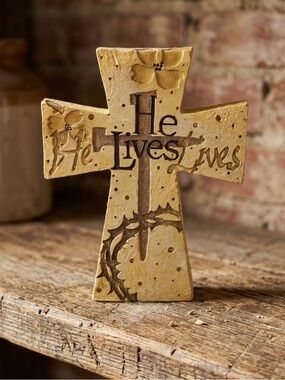 He Lives (front) Love (Back) Decorative Cross - Yellow & Brown Accents